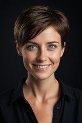 smiling woman with short brown hair and blue eyes wearing a black shirt