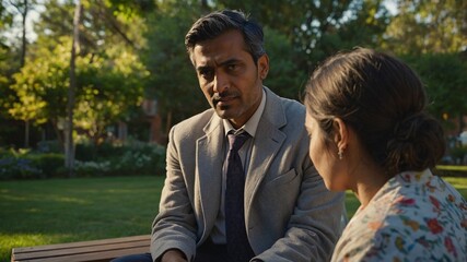 Fototapeta premium Focused conversation between an Asian male doctor and a female patient on a sunny afternoon in a lush park setting promotes wellness and understanding in healthcare