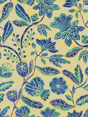 This seamless pattern features vibrant, hand-drawn flowers and leaves in yellow, pink, and green hues on a soft blue background, creating a lively, whimsical design.