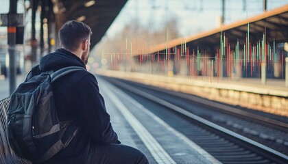Obraz premium A solitary figure waiting at an outdoor train station, illuminated by the soft glow of a candle, embodies the essence of a Trader Nomad.