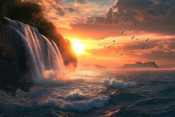Majestic Waterfall Meets Sunrise Seascape