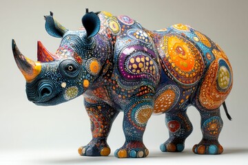 Obraz premium Ornate rhino sculpture vibrant colors dot patterns