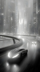 Futuristic car, city highway, night, fog