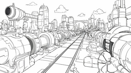 Futuristic city rail, pipes, skyline. Illustration