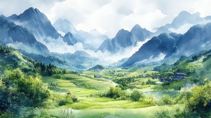 Naklejka premium Serene mountain valley rice terraces landscape