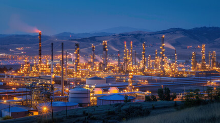 Obraz premium expansive oil refinery at night with glowing lights and smoke