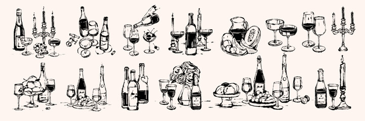 Romantic wine bottle vector illustration set, ink Italian date champagne glass hand drawn print. Elegant alcohol drinks design, wedding menu print kit beverages aesthetic poster. Valentine wine bottle