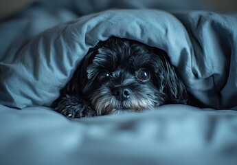 Fototapeta premium Cute small black dog peeking out from under a cozy gray blanket in a soft warm bed looking curious and playful in a calm indoor setting