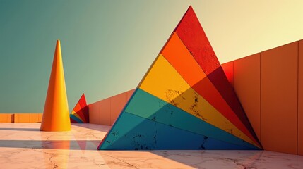 An elegant geometric design with sharp triangles in dynamic colors, smooth gradient shading, and a textured marble-like backdrop.