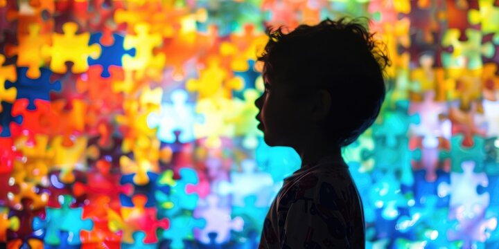 Autistic Pride Day, World Autism Awareness, portrait of a curly-haired little boy on the background of a multi-colored puzzle wall, side view, rainbow background of puzzle details