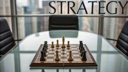 Chessboard in Modern Office with City View and Focus on Strategy Planning