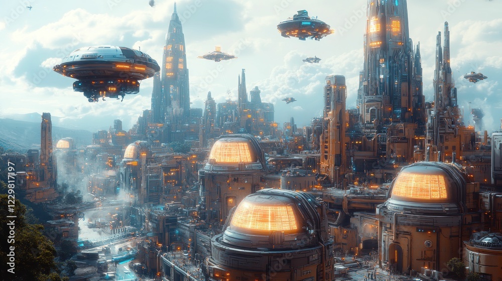 Canvas Prints Futuristic city skyline with flying vehicles