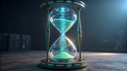 Futuristic Hourglass with Glowing Elements in Dimly Lit Environment