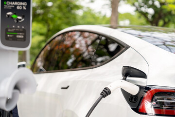 Naklejka premium Man recharging battery for electric car during autumnal road trip travel EV car in autumnal forest. Eco friendly travel on vacation during autumn with electric vehicle. Exalt