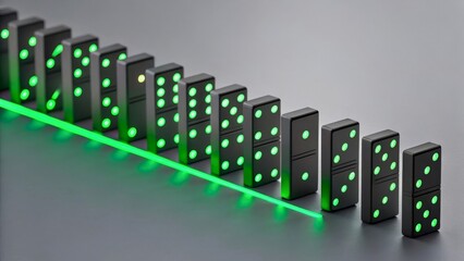 Growth and Safety in Business Aligned Like Black Dominoes with Green Dots Creating a Dramatic Chain Reaction on a Gray Background