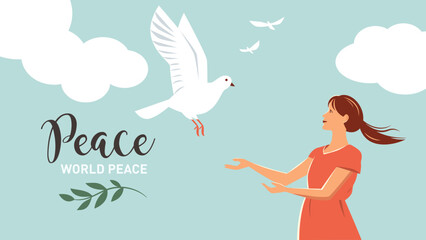 Vector illustration on the nheme peace , girl and white bird symbol of the preace