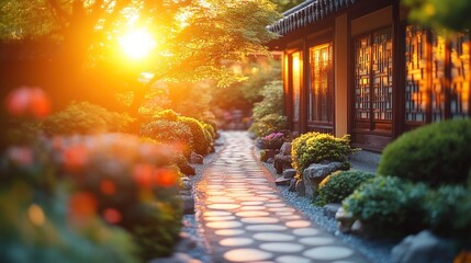 Obraz premium Sunset path in a Japanese garden.