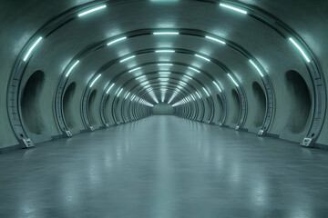 Naklejka premium Futuristic tunnel, glowing lights, sleek design, background for sci-fi