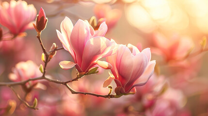 Fototapeta premium Beautiful close-up of pink magnolia flowers in full bloom, illuminated by warm golden sunlight with a soft blurred background creating a dreamy spring atmosphere.