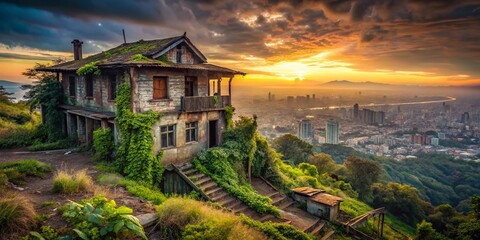Abandoned Elevated House, Urban Exploration, Overgrown Roof, Decaying Structure, Cityscape View