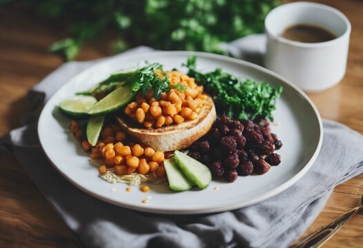 Vegan breakfast with toast, beans, and avocado. - Powered by Adobe