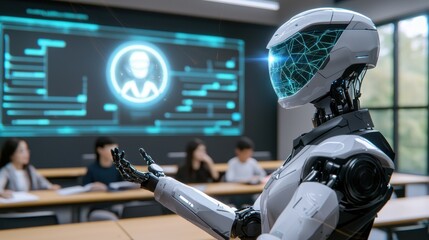 White Robot Teacher Leading a Classroom of Students