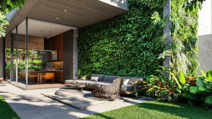 Naklejka premium Modern Patio with Lush Greenery and a Green Wall
