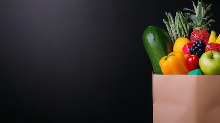 Bag of vegetables and fruit is displayed on a black background. The bag is brown and filled with a variety of produce, including apples, bananas, and oranges. Concept of abundance and freshness