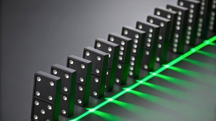 Growth and Safety in Business Aligned Like  Black Dominoes Lined Up with Green Light Reflection on a Dark Surface in Dramatic Arrangement