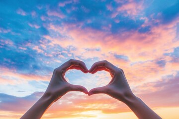 Couple's Hands Forming Heart Against Colorful Sky