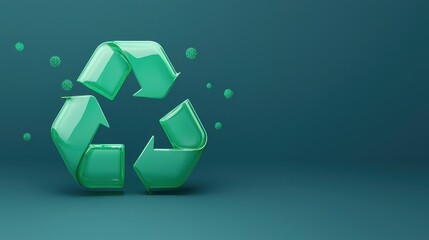 Green Recycling Symbol with Bubbles on Dark Teal Background