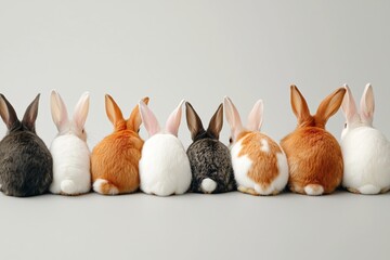 Seven rabbits lined up in a row showing their backs on a plain background in a studio setting © Natchanok