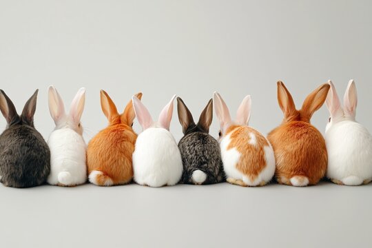 Seven rabbits lined up in a row showing their backs on a plain background in a studio setting