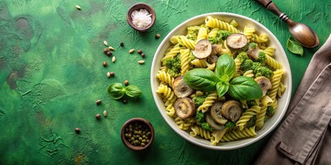 Pasta al forno con pesto e funghi, sfondo verde, ,  sfondo verde,verdura, spaghetti con pesto, cibi salutari