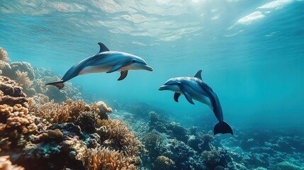 Obraz premium Two dolphins swimming near coral reef in clear blue ocean water with sunlight filtering down
