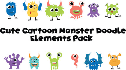 Cute Cartoon Monster Doodle Elements Pack Hand-drawn, quirky monster doodles. © doo