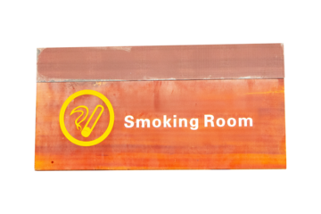 Signs smoking room wood brown with cigarette symbols and icons isolated on cut out PNG or transparent background. Smoking area zone. Smoke in designated smoking area. Smoking area sign at public park.