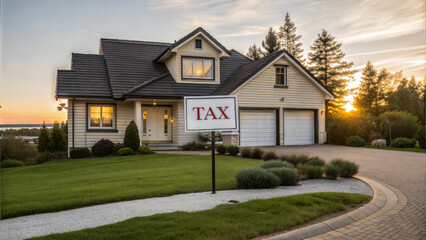 House with 'Tax' Sign Symbolizing Property Tax Obligations