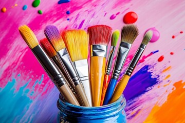 Jar of paint brushes with a colorful background. The brush strokes are vibrant and lively, suggesting a creative and artistic atmosphere