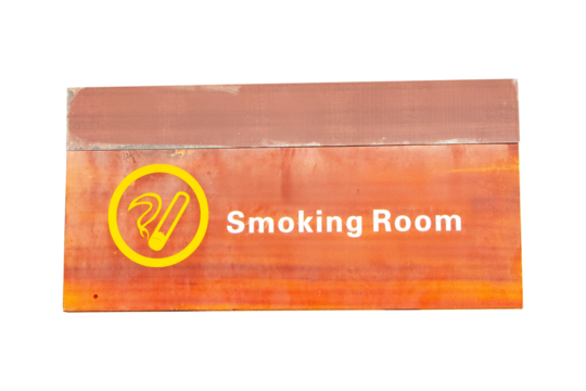 Signs smoking room wood brown with cigarette symbols and icons isolated on cut out PNG or transparent background. Smoking area zone. Smoke in designated smoking area. Smoking area sign at public park.