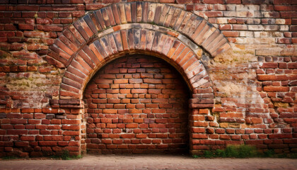 Fototapeta premium A weathered brick wall features a classic arched alcove made of red bricks with some moss and vegetation growing at its base.