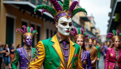 Fototapeta premium Mardi Gras parade with masked performers in colorful costumes.