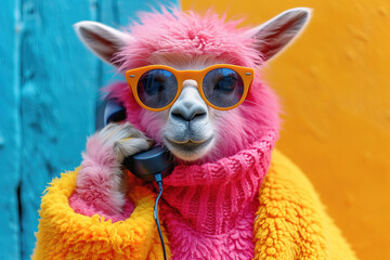 Fototapeta premium Colorful llama in stylish sunglasses making a phone call against vibrant background