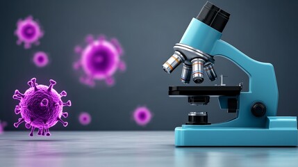 Blue microscope with a purple virus on the screen. The microscope is a high-quality instrument used to magnify and study microscopic organisms and structures