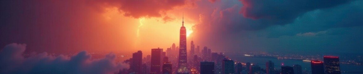 Fototapeta premium Towering skyscraper shines bright in moment of sudden storm, haze, sudden