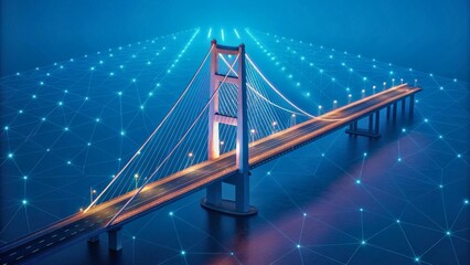 Futuristic Bridge Connecting Urban Areas with Glowing Lines and Blue Digital Network Visualization