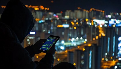 Individual engaging with trading charts on a mobile device while enjoying a scenic backdrop, embodying the essence of a Trader Nomad.