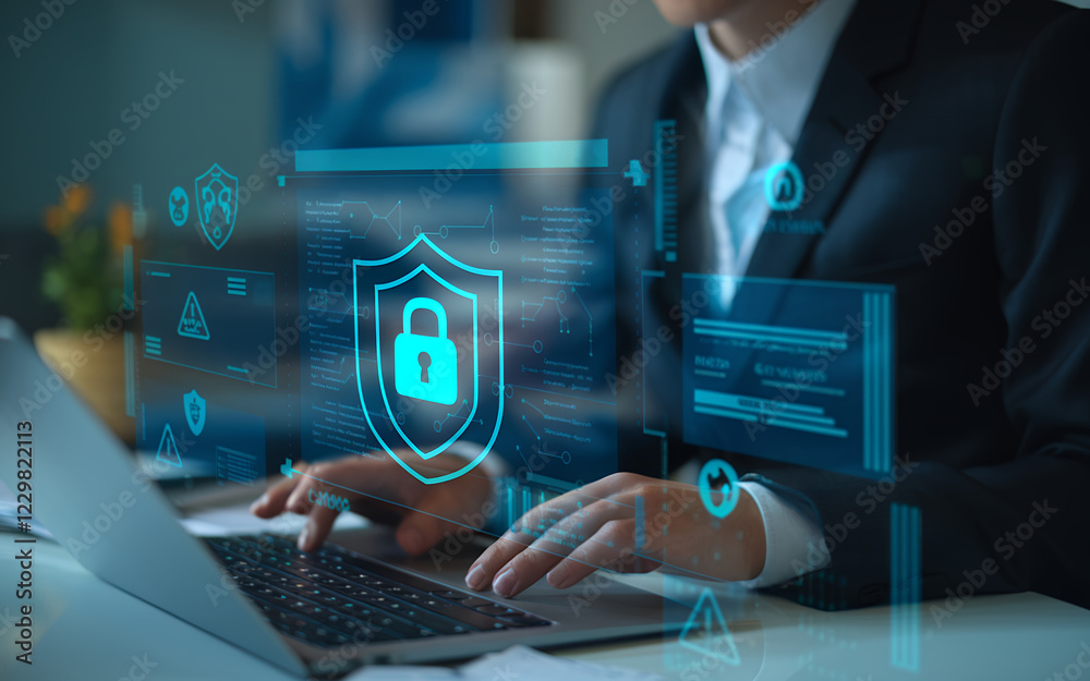 Poster Cybersecurity Data Protection: A professional safeguards sensitive data with a virtual shield, representing online security, encryption, privacy, and the protection of   