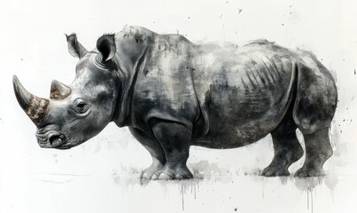 Naklejka premium Majestic rhino, grayscale art, powerful presence