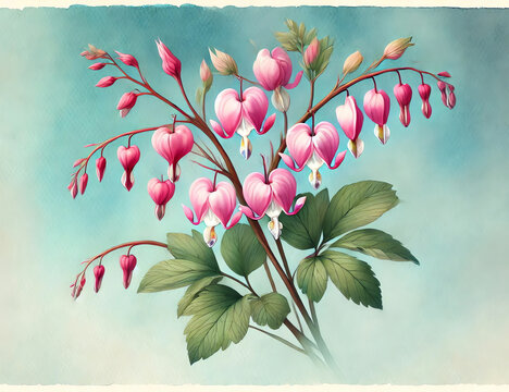 A watercolor painting featuring large, soft pink Asian bleeding-heart flowers and buds against a cool blue gradient background